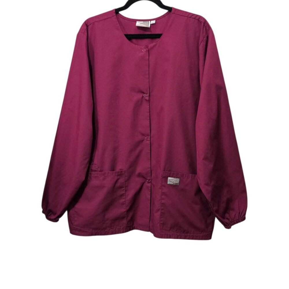 Scrub Zone 3-Pocket Snap Front Round Neck Wine Cotton Blend Uniform Jacket